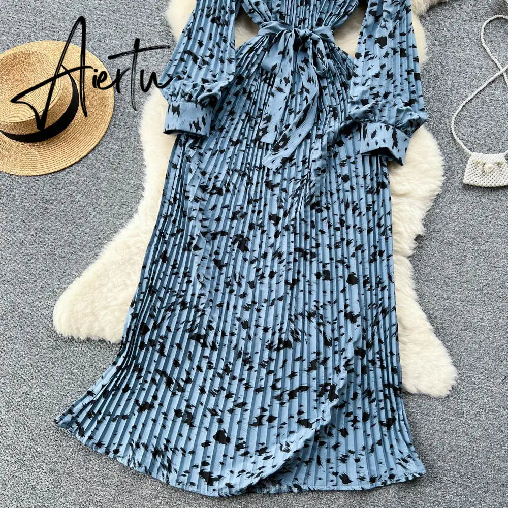 Aiertu Senior  French Retro Dress Turtleneck Long Lantern Sleeves Belt Pleated Women Streetwear Elegant Party Vintage Dress Aiertu