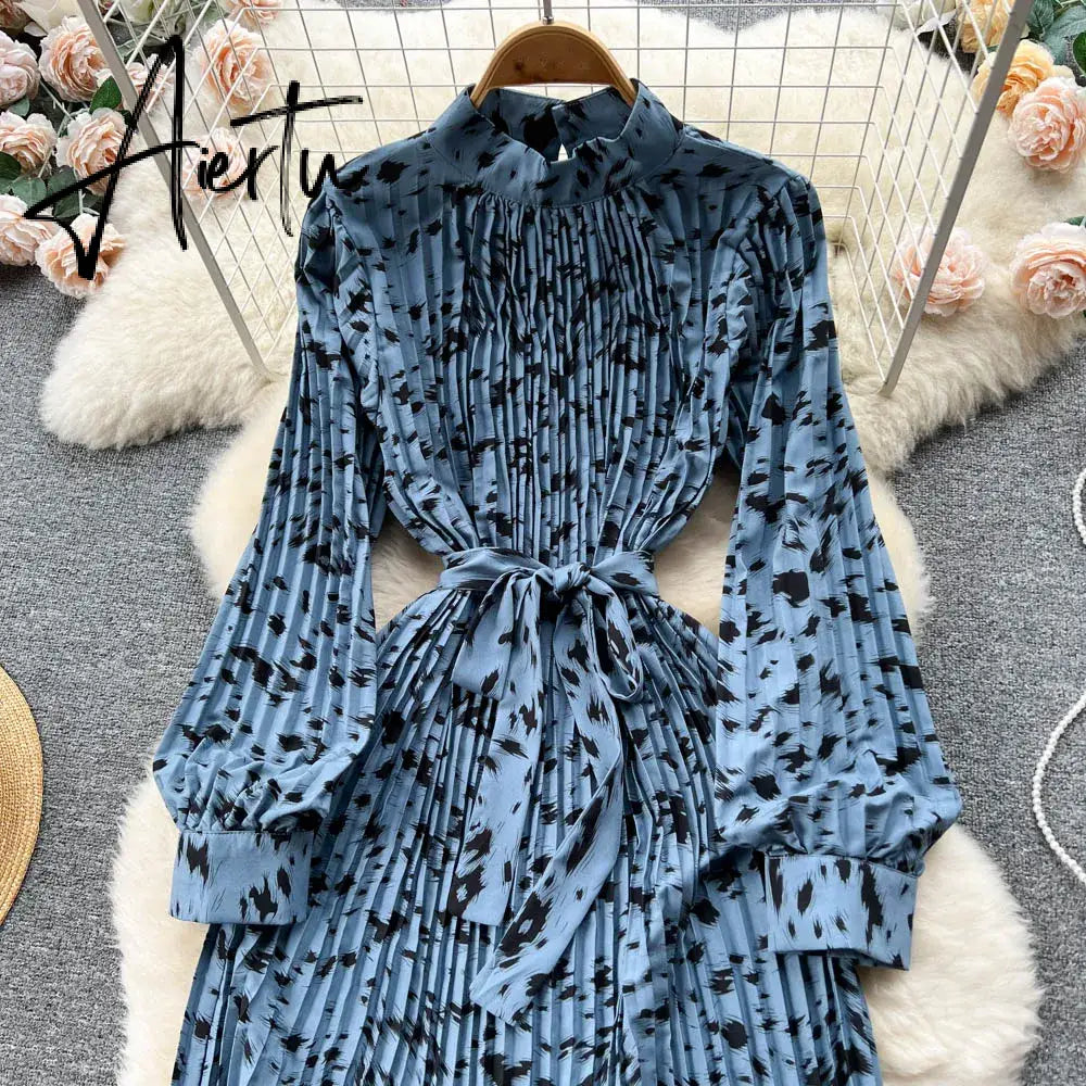 Aiertu Senior  French Retro Dress Turtleneck Long Lantern Sleeves Belt Pleated Women Streetwear Elegant Party Vintage Dress Aiertu