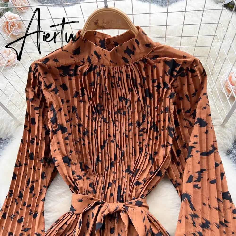 Aiertu Senior  French Retro Dress Turtleneck Long Lantern Sleeves Belt Pleated Women Streetwear Elegant Party Vintage Dress Aiertu