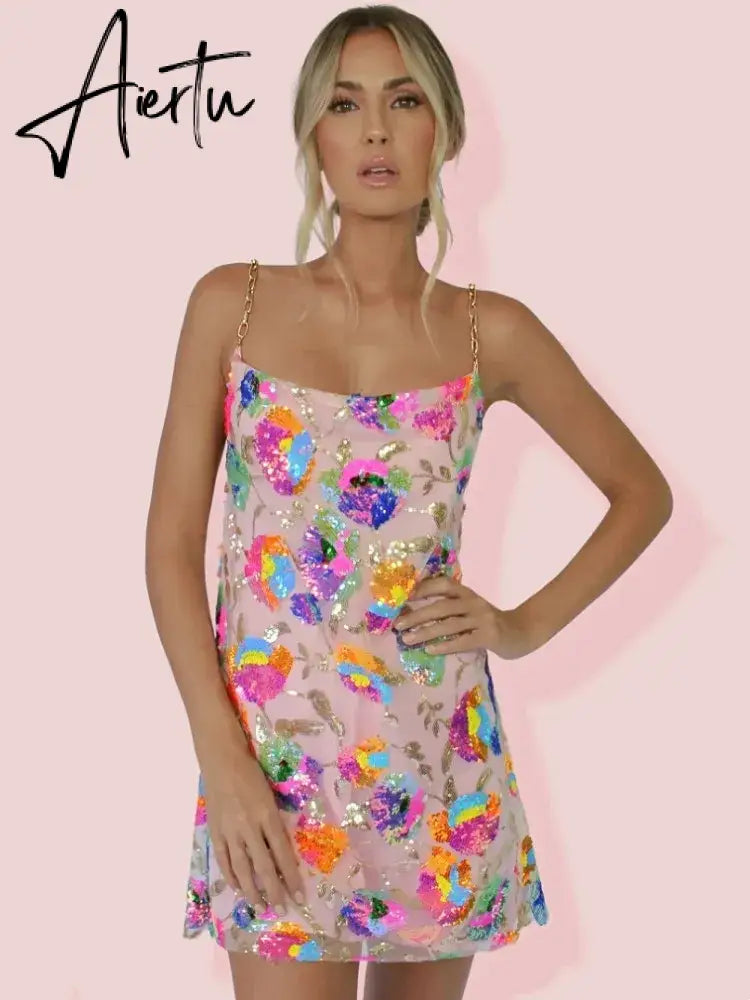 Aiertu Sequin Sexy Elegant Dress Women Chain Spaghetti Strap Low Cut Backless Short Dress Summer Bohemian Party Dresses Female Aiertu