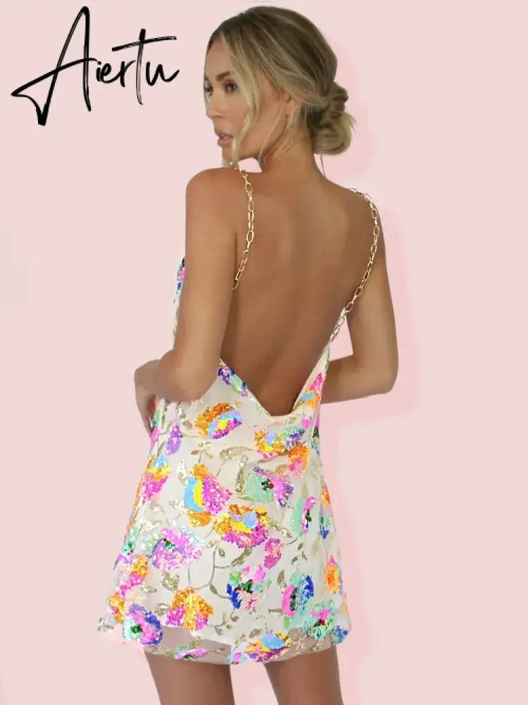 Aiertu Sequin Sexy Elegant Dress Women Chain Spaghetti Strap Low Cut Backless Short Dress Summer Bohemian Party Dresses Female Aiertu