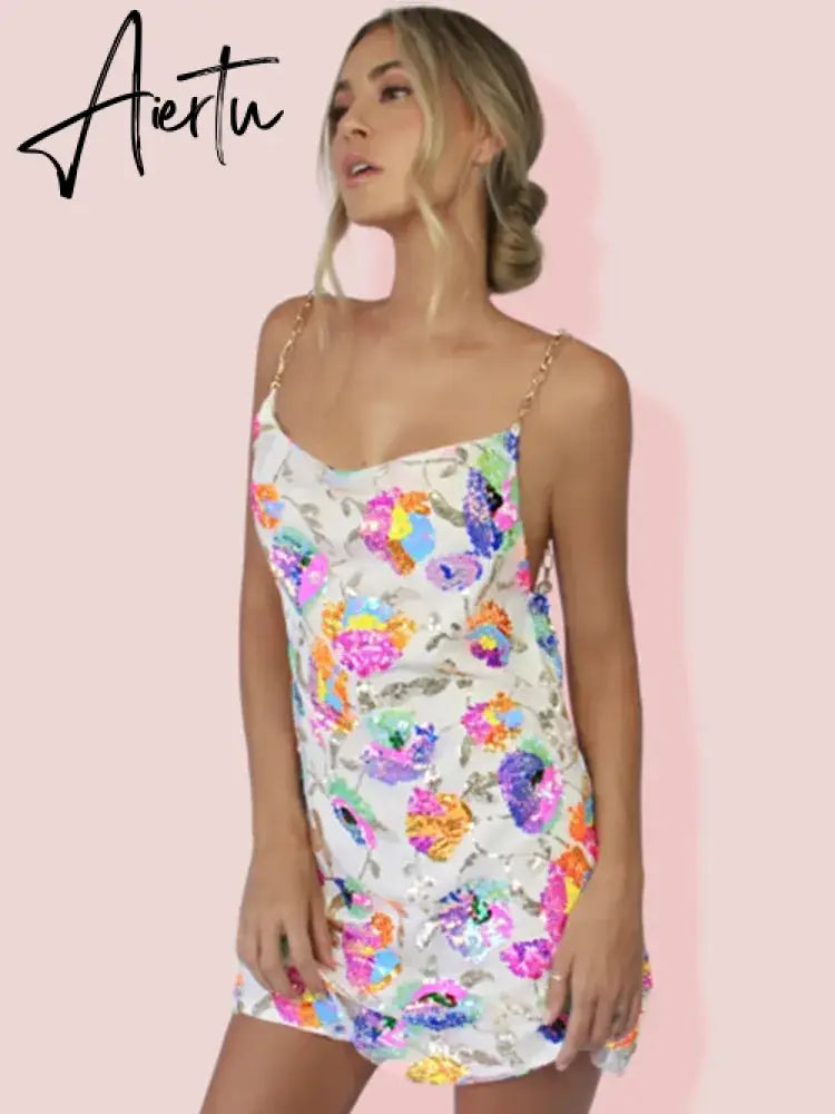 Aiertu Sequin Sexy Elegant Dress Women Chain Spaghetti Strap Low Cut Backless Short Dress Summer Bohemian Party Dresses Female Aiertu