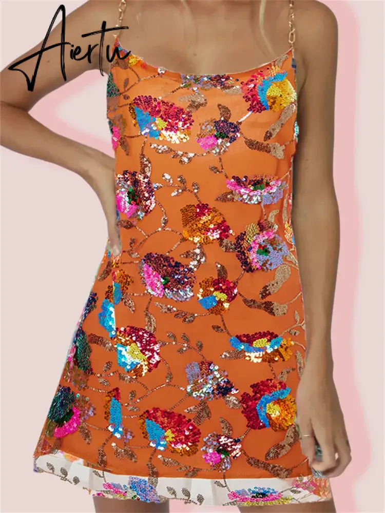Aiertu Sequin Sexy Elegant Dress Women Chain Spaghetti Strap Low Cut Backless Short Dress Summer Bohemian Party Dresses Female Aiertu