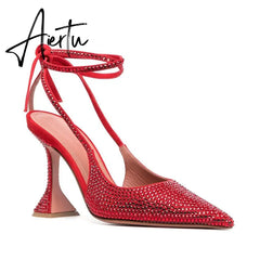 Aiertu Sequined Crystal Women Pumps Sexy Ankle strap Cross-tied High heels wedding Shoes Fashion Slingbacks Summer Party Prom Shoes Aiertu