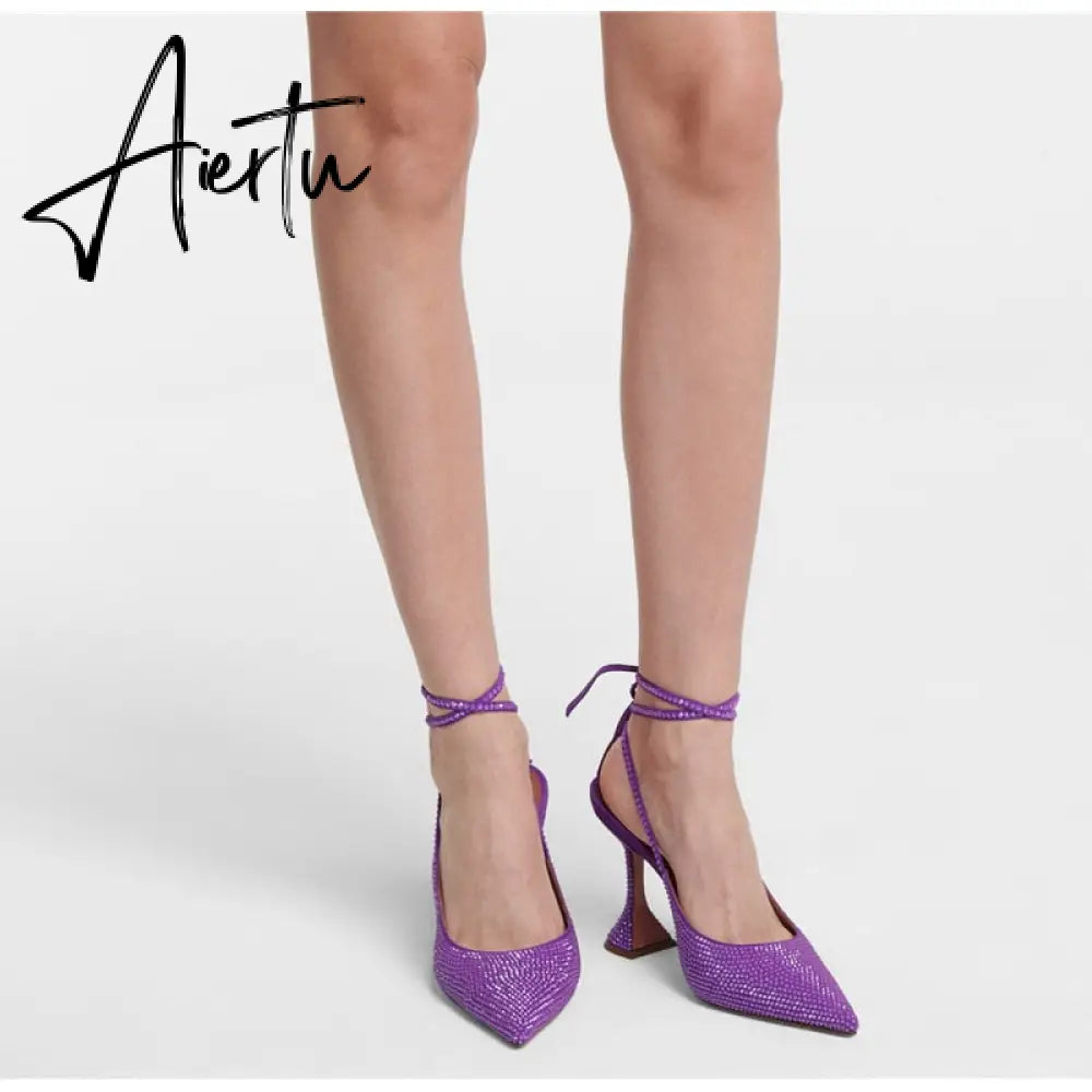 Aiertu Sequined Crystal Women Pumps Sexy Ankle strap Cross-tied High heels wedding Shoes Fashion Slingbacks Summer Party Prom Shoes Aiertu