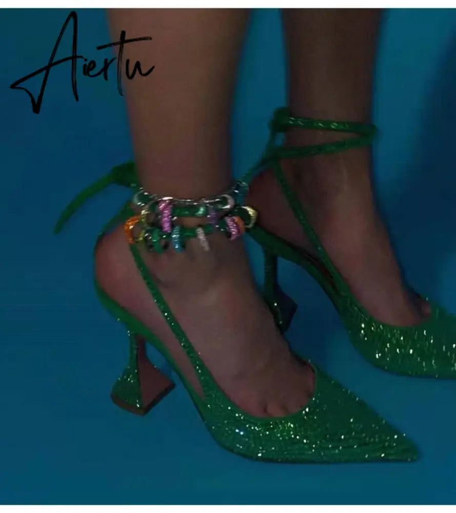 Aiertu Sequined Crystal Women Pumps Sexy Ankle strap Cross-tied High heels wedding Shoes Fashion Slingbacks Summer Party Prom Shoes Aiertu