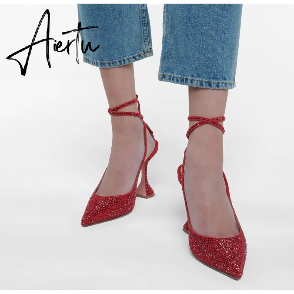 Aiertu Sequined Crystal Women Pumps Sexy Ankle strap Cross-tied High heels wedding Shoes Fashion Slingbacks Summer Party Prom Shoes Aiertu