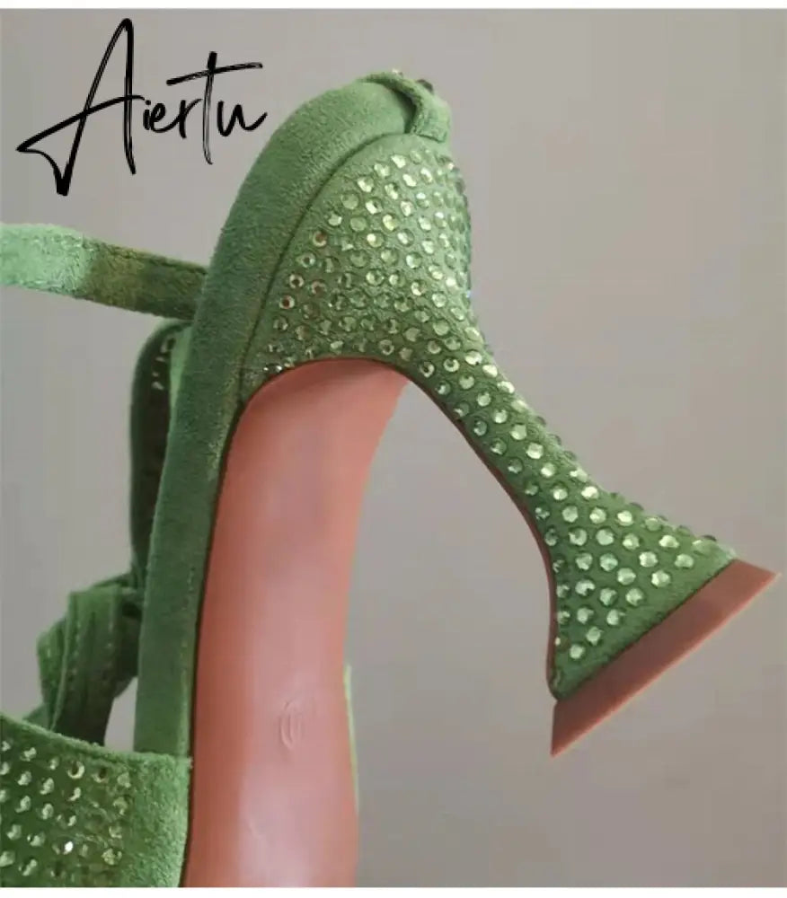 Aiertu Sequined Crystal Women Pumps Sexy Ankle strap Cross-tied High heels wedding Shoes Fashion Slingbacks Summer Party Prom Shoes Aiertu