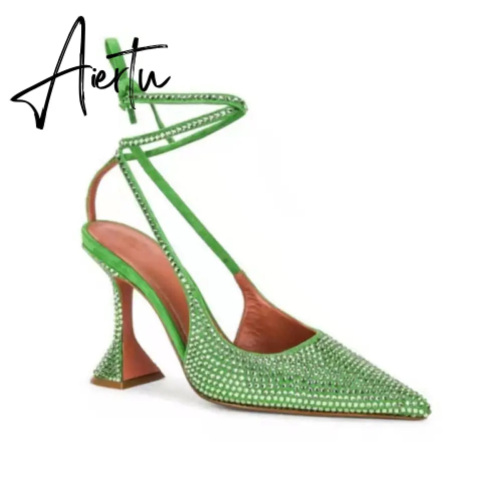 Aiertu Sequined Crystal Women Pumps Sexy Ankle strap Cross-tied High heels wedding Shoes Fashion Slingbacks Summer Party Prom Shoes Aiertu