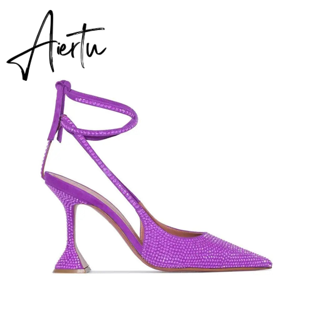 Aiertu Sequined Crystal Women Pumps Sexy Ankle strap Cross-tied High heels wedding Shoes Fashion Slingbacks Summer Party Prom Shoes Aiertu