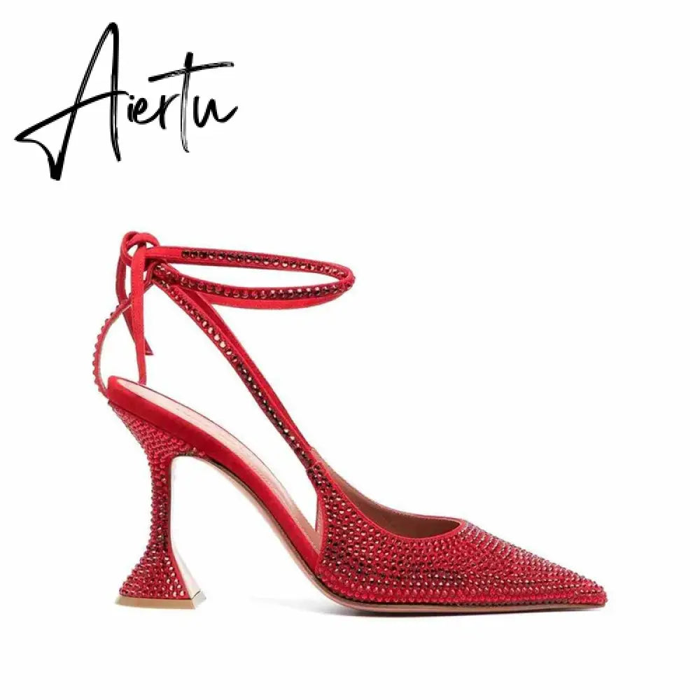 Aiertu Sequined Crystal Women Pumps Sexy Ankle strap Cross-tied High heels wedding Shoes Fashion Slingbacks Summer Party Prom Shoes Aiertu