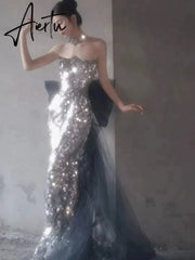 Aiertu Sequins Mermaid Celebrity Dresses Boat Neck Sleeveless Silver Glitter Shiny Luxury Quinceanera Detachable Bow Prom Evening Gowns Aiertu