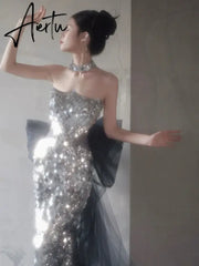 Aiertu Sequins Mermaid Celebrity Dresses Boat Neck Sleeveless Silver Glitter Shiny Luxury Quinceanera Detachable Bow Prom Evening Gowns Aiertu