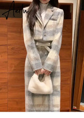 Aiertu Sets for Women 2 Pieces Autumn Grey Plaid Woolen Lapel Collar Long Sleeve Half Skirt Set Elegant Sweet Temperament Casual Suit Aiertu
