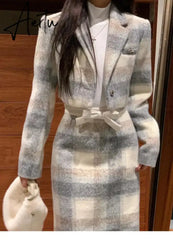 Aiertu Sets for Women 2 Pieces Autumn Grey Plaid Woolen Lapel Collar Long Sleeve Half Skirt Set Elegant Sweet Temperament Casual Suit Aiertu