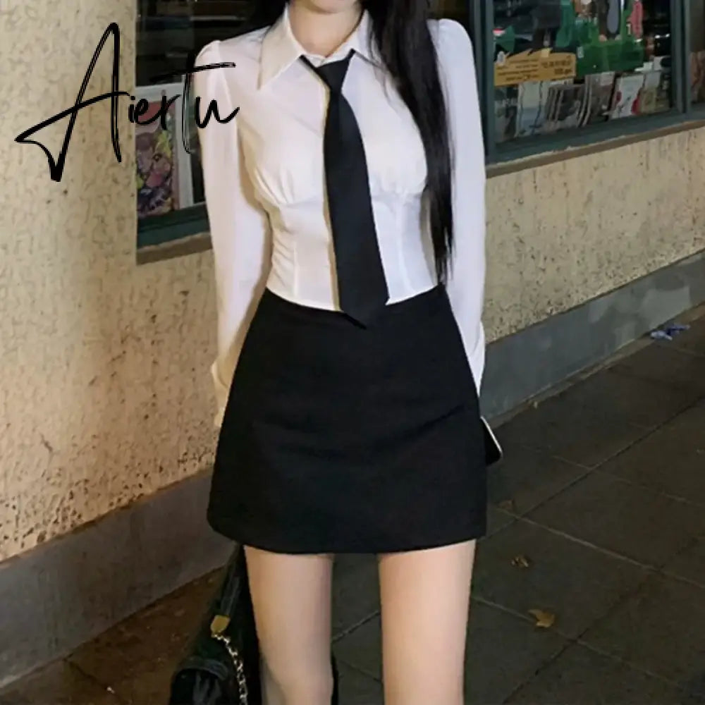Aiertu Sets for Women 2 Pieces Autumn Suit Coat Waist Slim Fit Suit Wrap Hip Skirt Sets Shirt Elegant Women's Sets Temperament Korea Aiertu