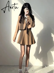 Aiertu Sets for Women 3 Pieces AutumnElegant Cardign Suit Coat Shirt  Pleated Skirt Sets School Vintage Casual Luxury Korean Fashion Aiertu