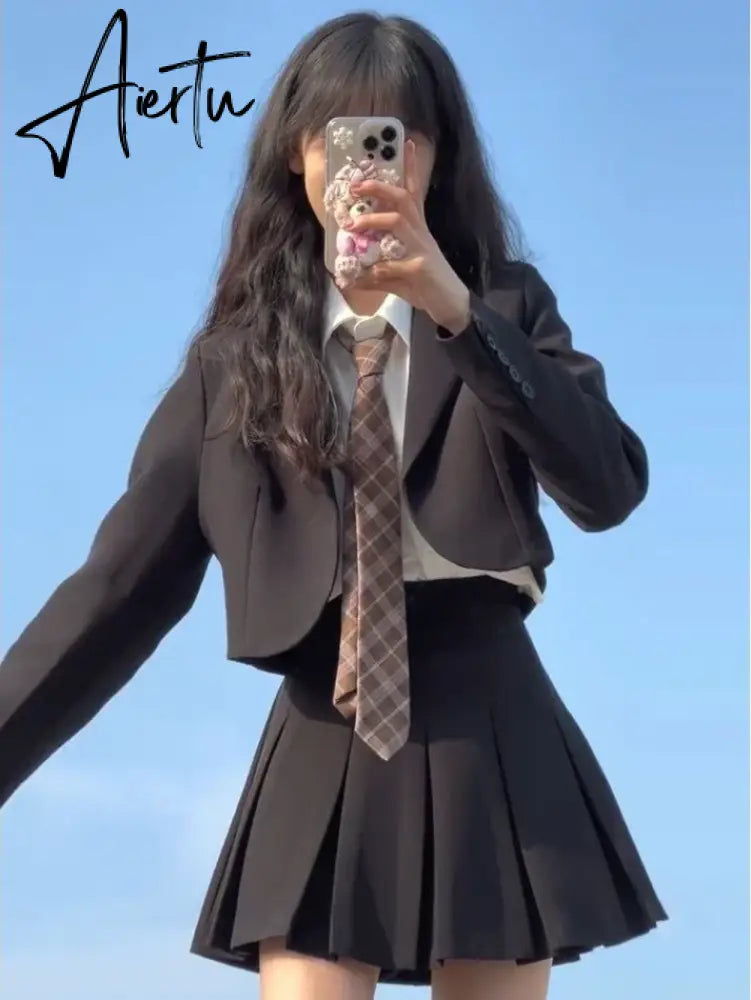 Aiertu Sets for Women 3 Pieces AutumnElegant Cardign Suit Coat Shirt  Pleated Skirt Sets School Vintage Casual Luxury Korean Fashion Aiertu