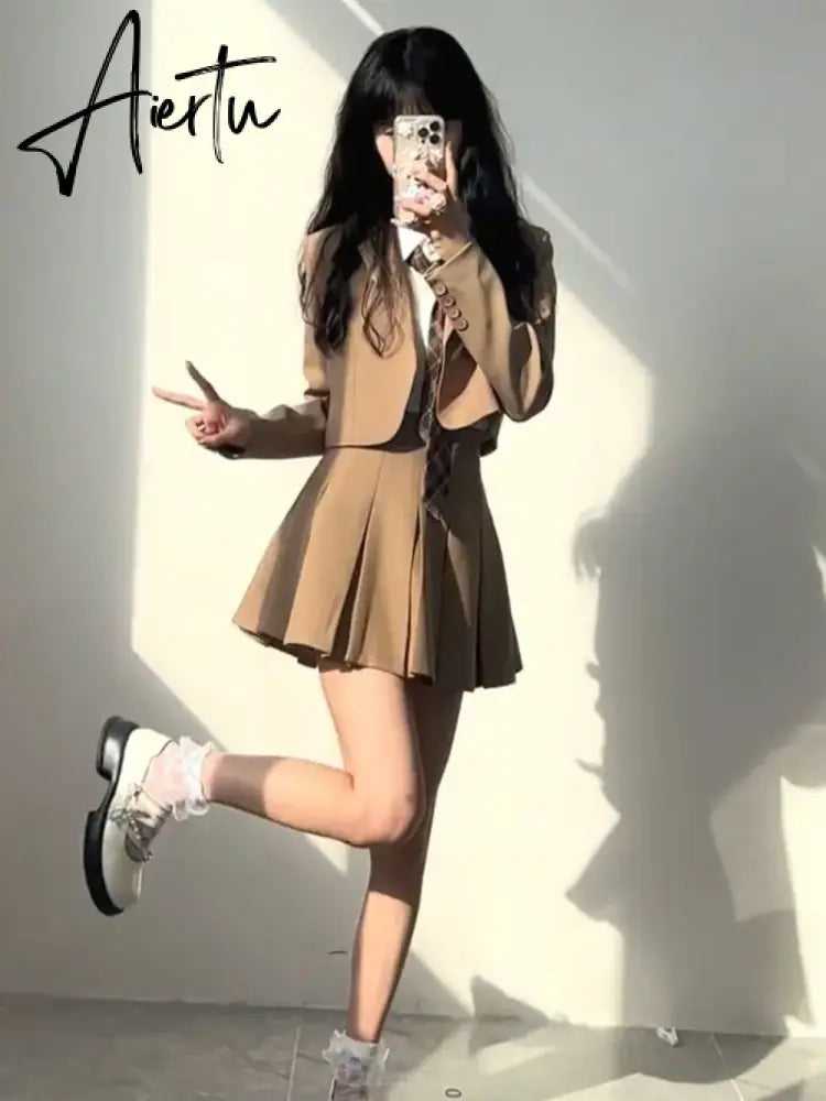 Aiertu Sets for Women 3 Pieces AutumnElegant Cardign Suit Coat Shirt  Pleated Skirt Sets School Vintage Casual Luxury Korean Fashion Aiertu