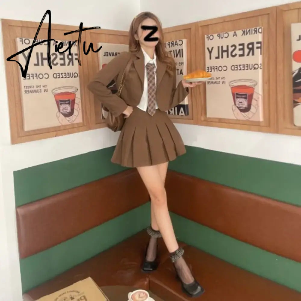 Aiertu Sets for Women 3 Pieces AutumnElegant Cardign Suit Coat Shirt  Pleated Skirt Sets School Vintage Casual Luxury Korean Fashion Aiertu