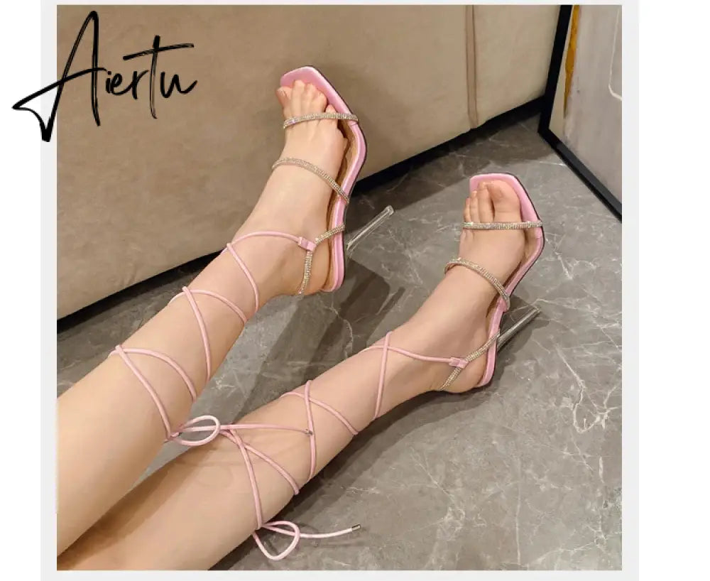 Aiertu Sexy Ankle Lace-up Square Toe Sandals Woman Summer Crystal Buckle Strap Transparent High Heels Stripper Shoes Aiertu