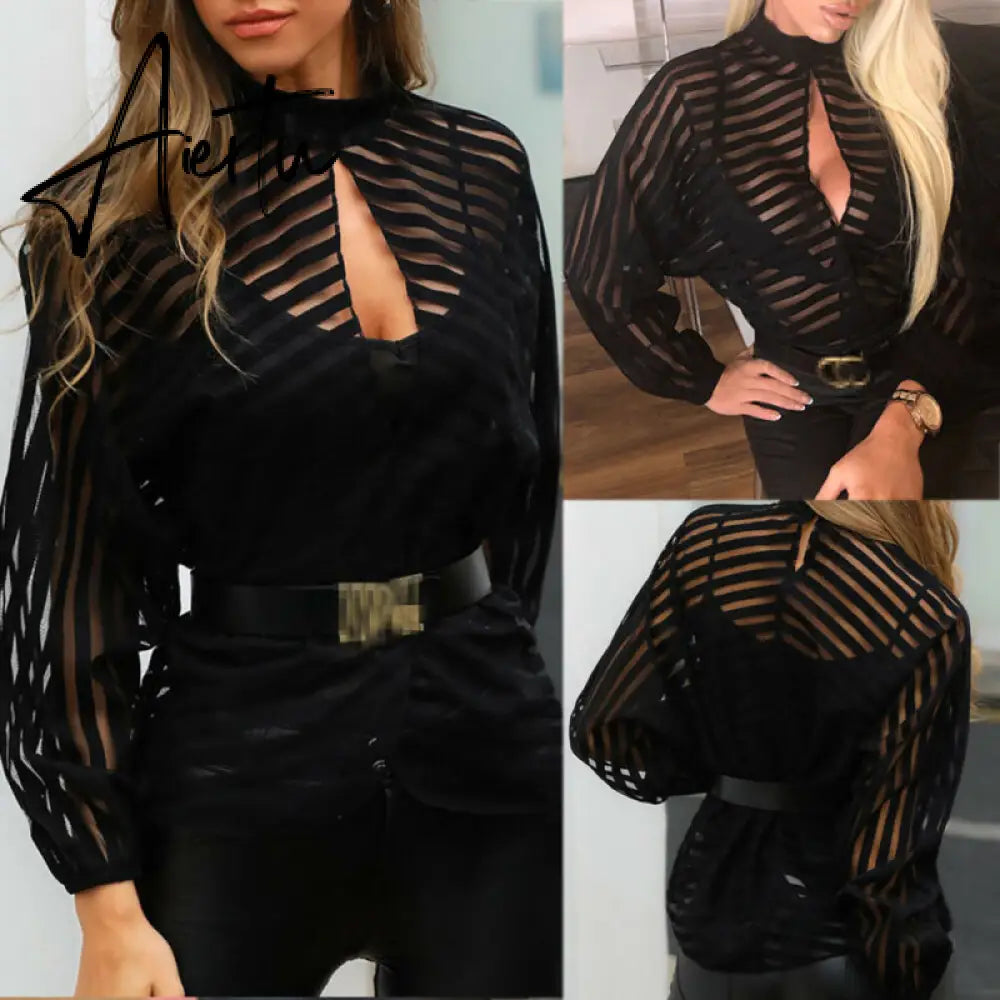 Aiertu Sexy Black Women Mesh Sheer Blouses Ladies Long Sleeve Striped Front Hollow Out Transparent Shirts Blusas Mujer Camisas Aiertu