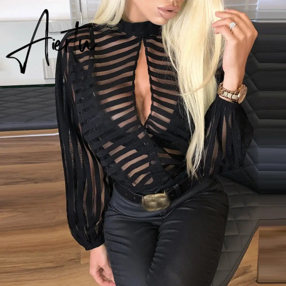 Aiertu Sexy Black Women Mesh Sheer Blouses Ladies Long Sleeve Striped Front Hollow Out Transparent Shirts Blusas Mujer Camisas Aiertu
