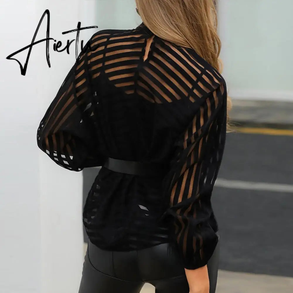 Aiertu Sexy Black Women Mesh Sheer Blouses Ladies Long Sleeve Striped Front Hollow Out Transparent Shirts Blusas Mujer Camisas Aiertu