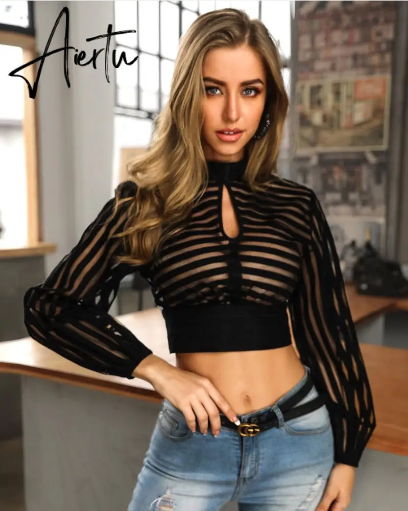 Aiertu Sexy Black Women Mesh Sheer Blouses Ladies Long Sleeve Striped Front Hollow Out Transparent Shirts Blusas Mujer Camisas Aiertu