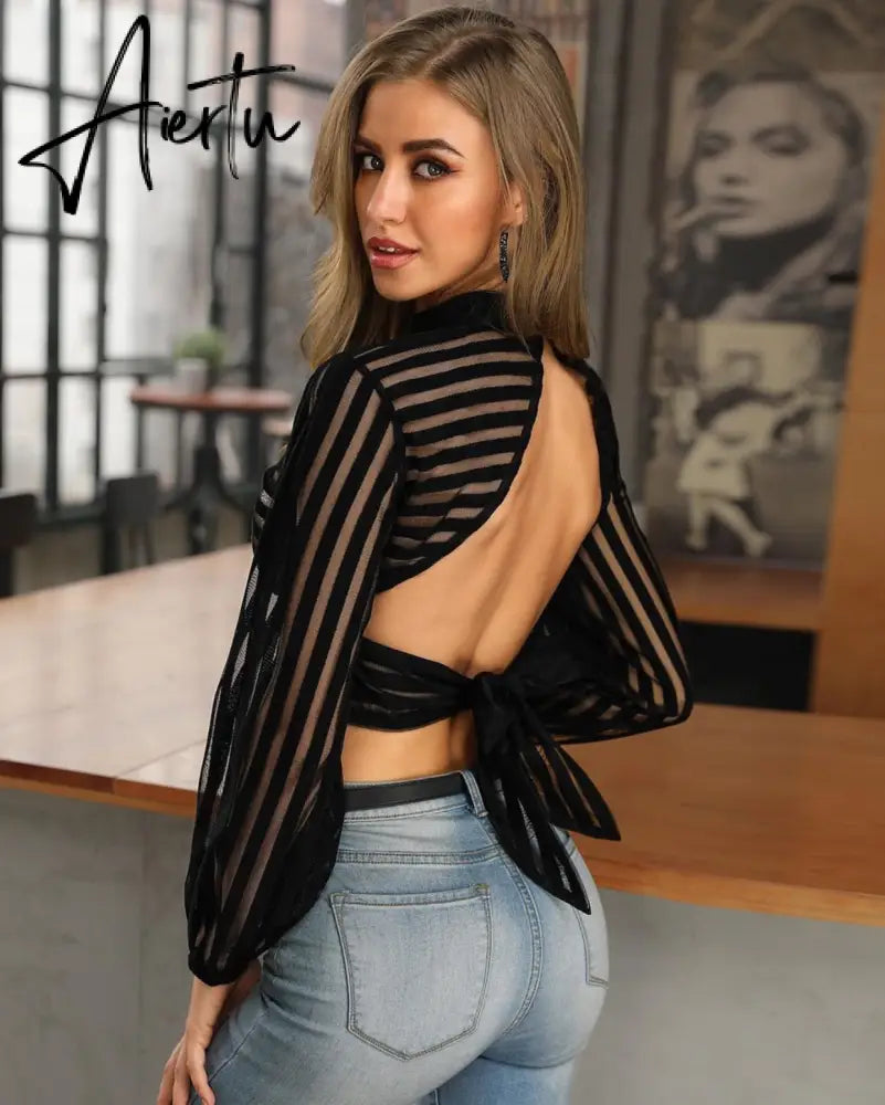 Aiertu Sexy Black Women Mesh Sheer Blouses Ladies Long Sleeve Striped Front Hollow Out Transparent Shirts Blusas Mujer Camisas Aiertu