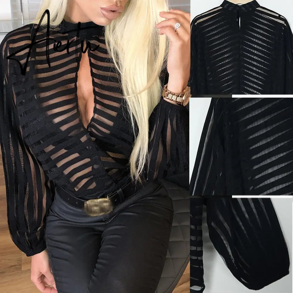 Aiertu Sexy Black Women Mesh Sheer Blouses Ladies Long Sleeve Striped Front Hollow Out Transparent Shirts Blusas Mujer Camisas Aiertu