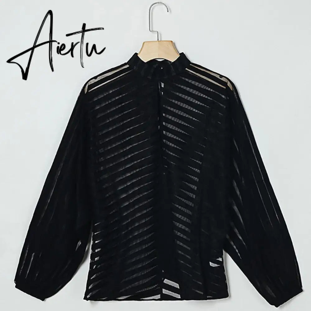 Aiertu Sexy Black Women Mesh Sheer Blouses Ladies Long Sleeve Striped Front Hollow Out Transparent Shirts Blusas Mujer Camisas Aiertu