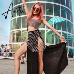 Aiertu Sexy Bling Metal Body Chain Gem Sequins Skirt Women Crazy Summer Beach Hollow Out Crystal Nightclub Party Mini Skirts Aiertu