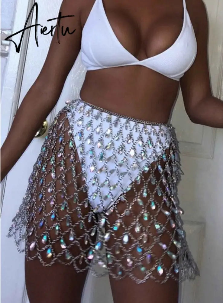 Aiertu Sexy Bling Metal Body Chain Gem Sequins Skirt Women Crazy Summer Beach Hollow Out Crystal Nightclub Party Mini Skirts Aiertu