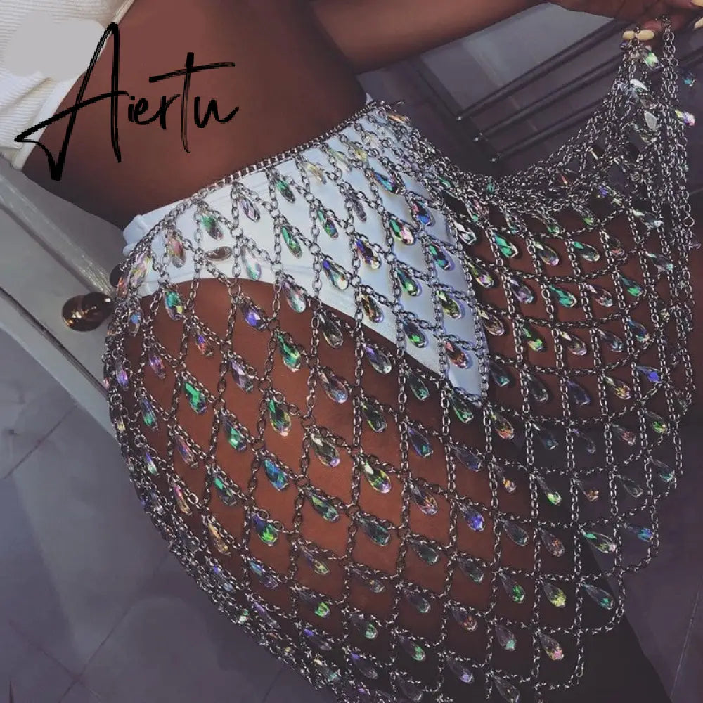 Aiertu Sexy Bling Metal Body Chain Gem Sequins Skirt Women Crazy Summer Beach Hollow Out Crystal Nightclub Party Mini Skirts Aiertu