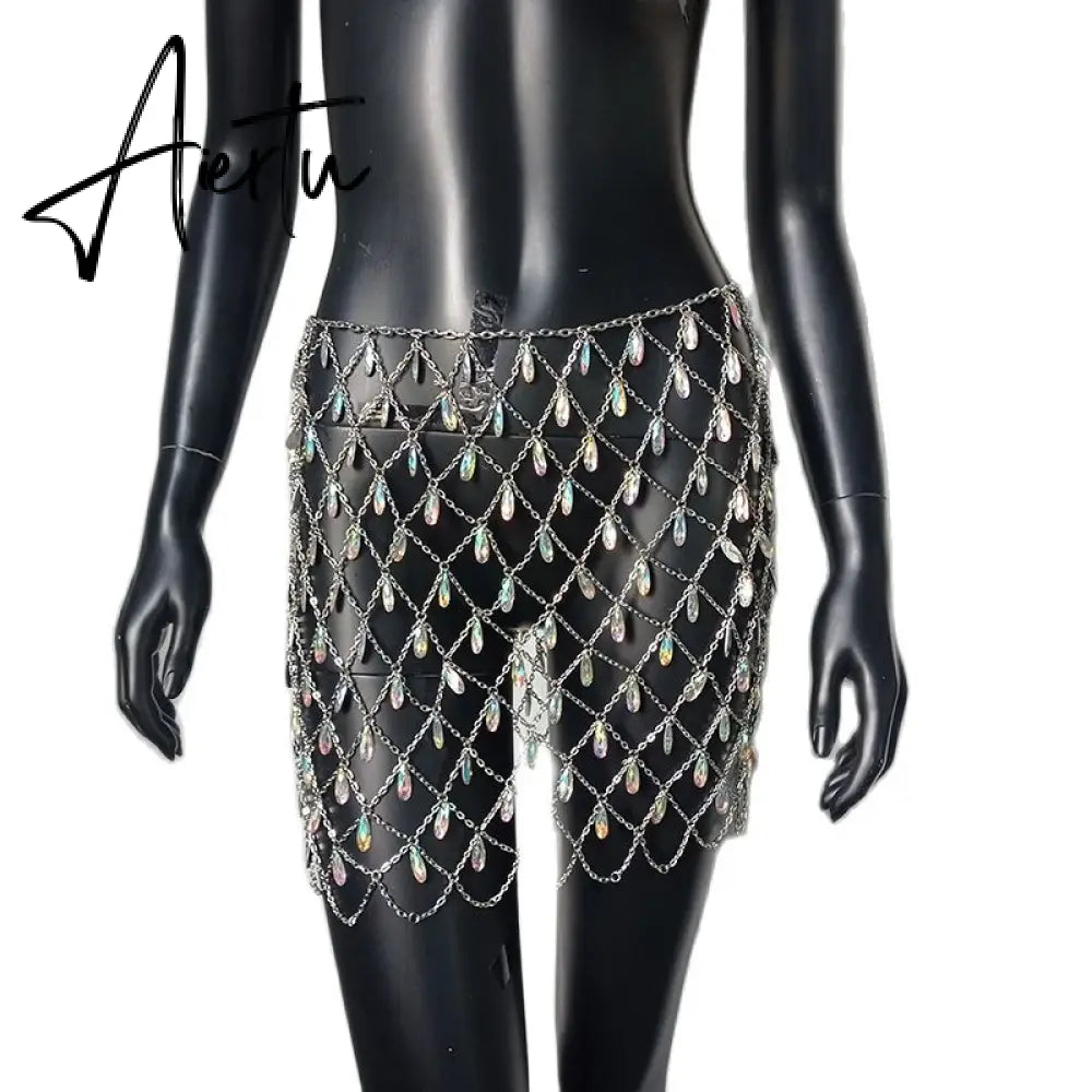 Aiertu Sexy Bling Metal Body Chain Gem Sequins Skirt Women Crazy Summer Beach Hollow Out Crystal Nightclub Party Mini Skirts Aiertu