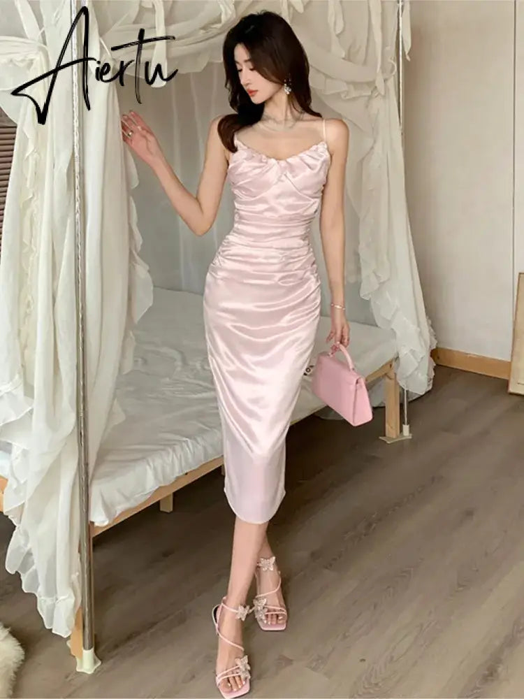 Aiertu Sexy Bodycon Pink Satin Midi Dress Women New Summer Spaghetti Strap Slim Backless High Split Evening Party Dresses Prom Vestido Aiertu