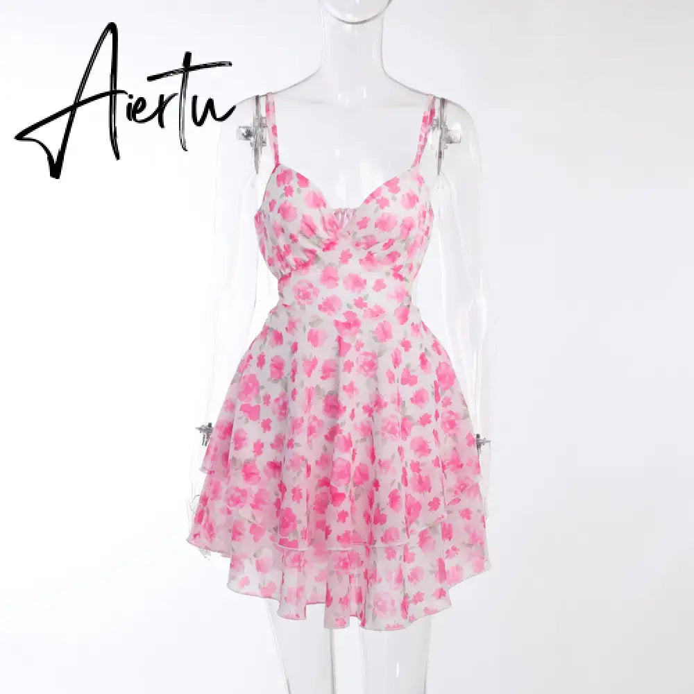 Aiertu Sexy  Dress For Women Clothing V Neck Spaghetti Strap Club Party Floral Printing Bandage Mini Dresses Aiertu