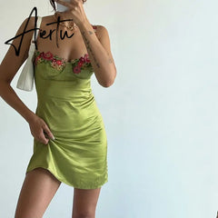 Aiertu Sexy Floral Embroidery Slip Dress Women  Female Mini Dresses 2023 Spring Sexy Slim Chic Beach Style Lady Aiertu