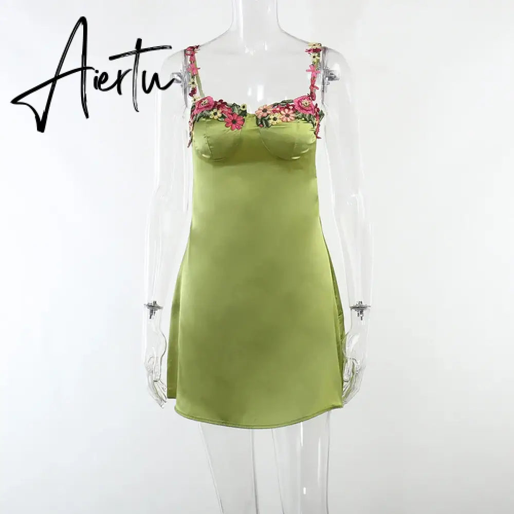 Aiertu Sexy Floral Embroidery Slip Dress Women  Female Mini Dresses 2023 Spring Sexy Slim Chic Beach Style Lady Aiertu