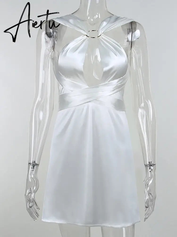 Aiertu  Sexy Hollow Out Bandage Women Dress White Asymmetrical High Waist Mini Dress Women Spring Skinny Fashion Streetwear Aiertu