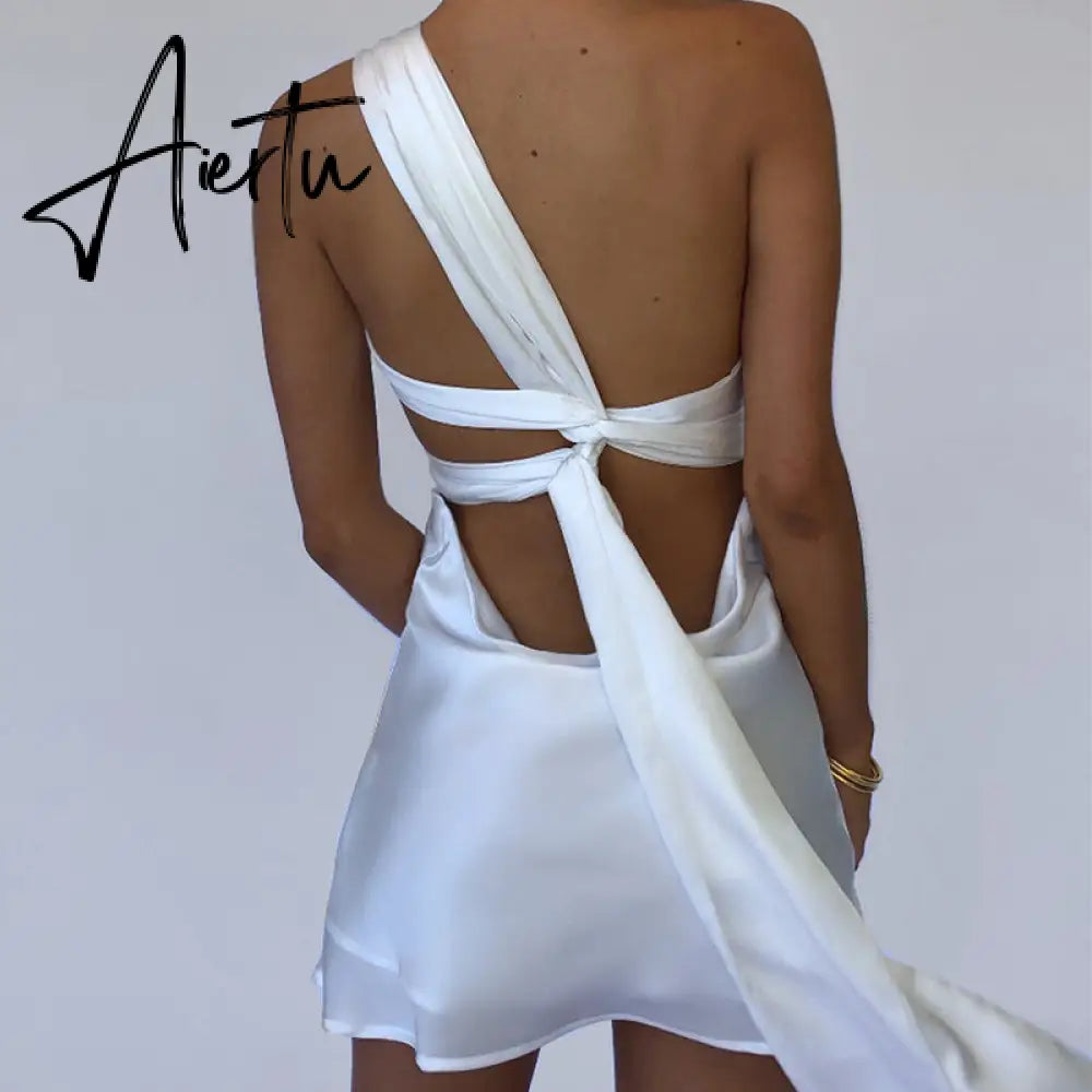 Aiertu  Sexy Hollow Out Bandage Women Dress White Asymmetrical High Waist Mini Dress Women Spring Skinny Fashion Streetwear Aiertu