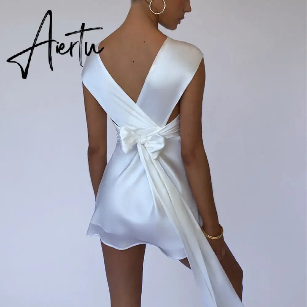 Aiertu  Sexy Hollow Out Bandage Women Dress White Asymmetrical High Waist Mini Dress Women Spring Skinny Fashion Streetwear Aiertu