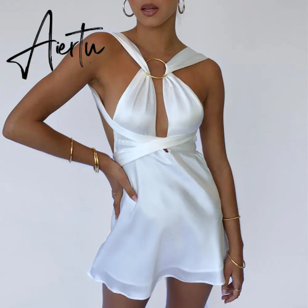 Aiertu  Sexy Hollow Out Bandage Women Dress White Asymmetrical High Waist Mini Dress Women Spring Skinny Fashion Streetwear Aiertu