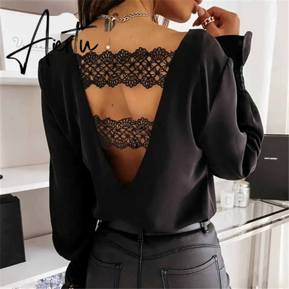 Aiertu Sexy Lace Women Shirts V neck Long Sleeve Spring Autumn Tops Daily Blouses Female Elegant OL Office Blouse Casual Lady's Shirt Aiertu