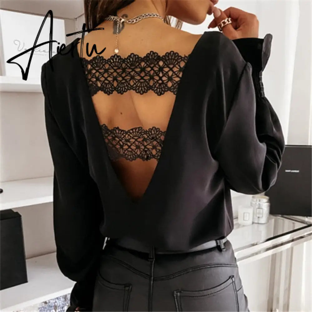 Aiertu Sexy Lace Women Shirts V neck Long Sleeve Spring Autumn Tops Daily Blouses Female Elegant OL Office Blouse Casual Lady's Shirt Aiertu
