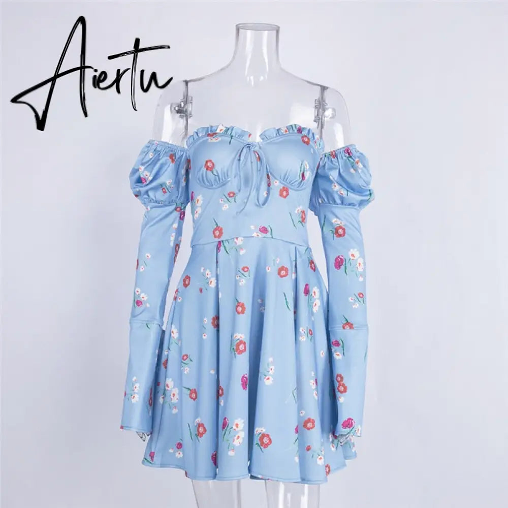 Aiertu  Sexy Off Shoulder Lace Up Women Dress Blue Long Sleeve Strapless Mini Dress Women Autumn Slim Fashion Streetwear Vestido Aiertu