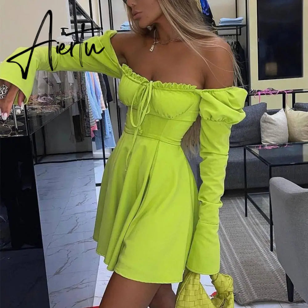 Aiertu  Sexy Off Shoulder Lace Up Women Dress Blue Long Sleeve Strapless Mini Dress Women Autumn Slim Fashion Streetwear Vestido Aiertu