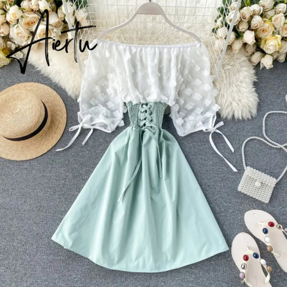 Aiertu Sexy Off Shoulder patchwork Summer Short Dress Party flower chiffon Slim waist lace up Women casual A-Line beach dress Aiertu