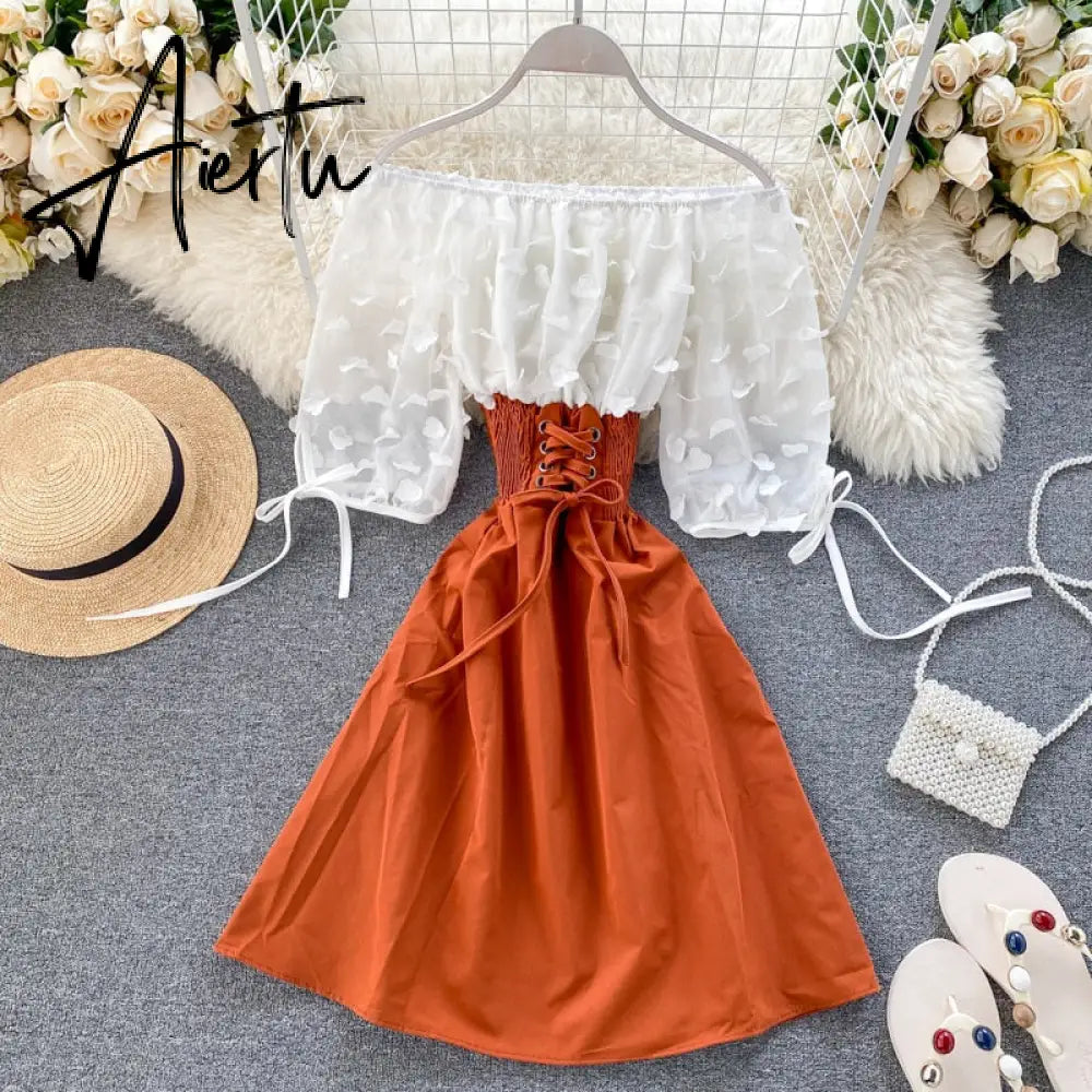 Aiertu Sexy Off Shoulder patchwork Summer Short Dress Party flower chiffon Slim waist lace up Women casual A-Line beach dress Aiertu